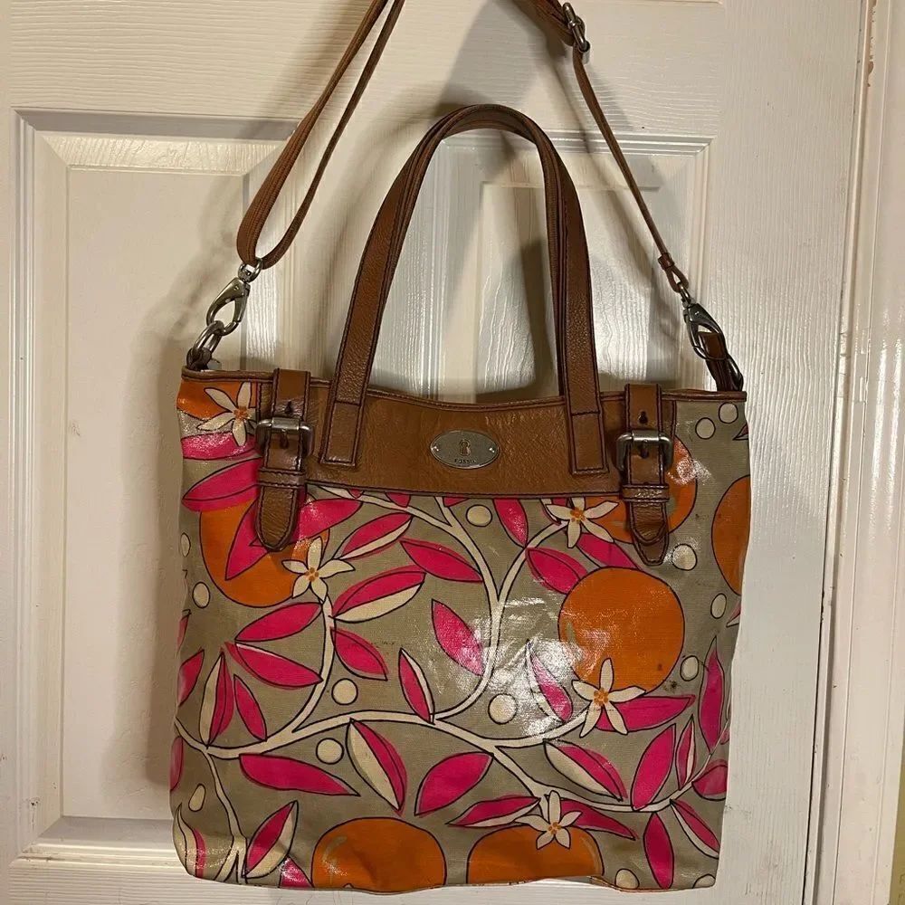 Fossil Key-Per Orange Blossom coated canvas shoulder/crossbody tan leather trim